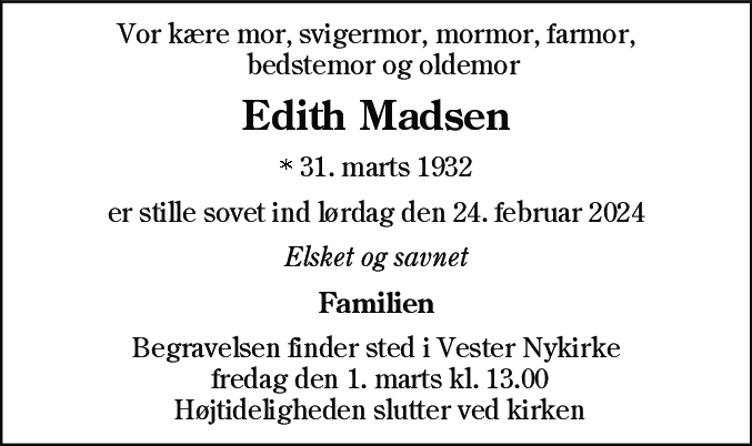 Dødsannonce for Edith Madsen