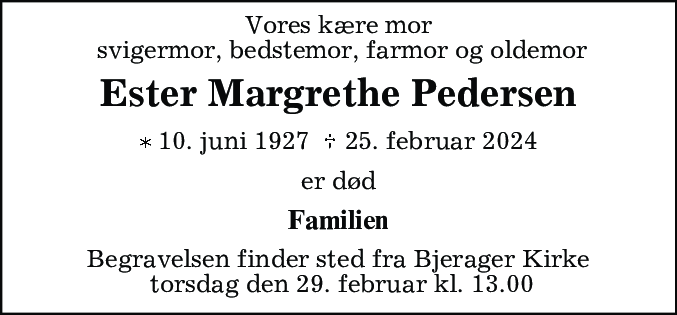 Dødsannonce for Ester Margrethe Pedersen