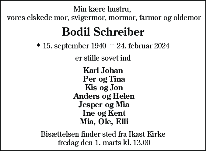 Dødsannonce for Bodil Schreiber