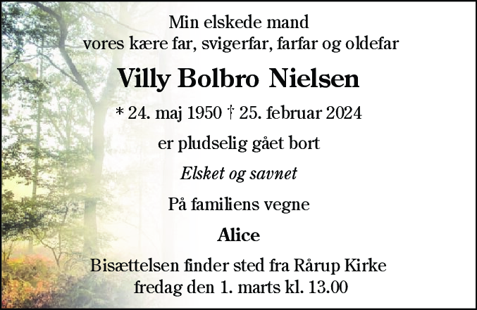 Dødsannonce for Villy Bolbro Nielsen