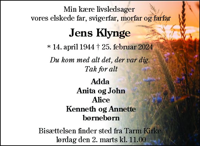 Dødsannonce for Jens Klynge