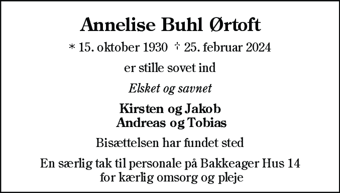 Dødsannonce for Annelise Buhl Ørtoft