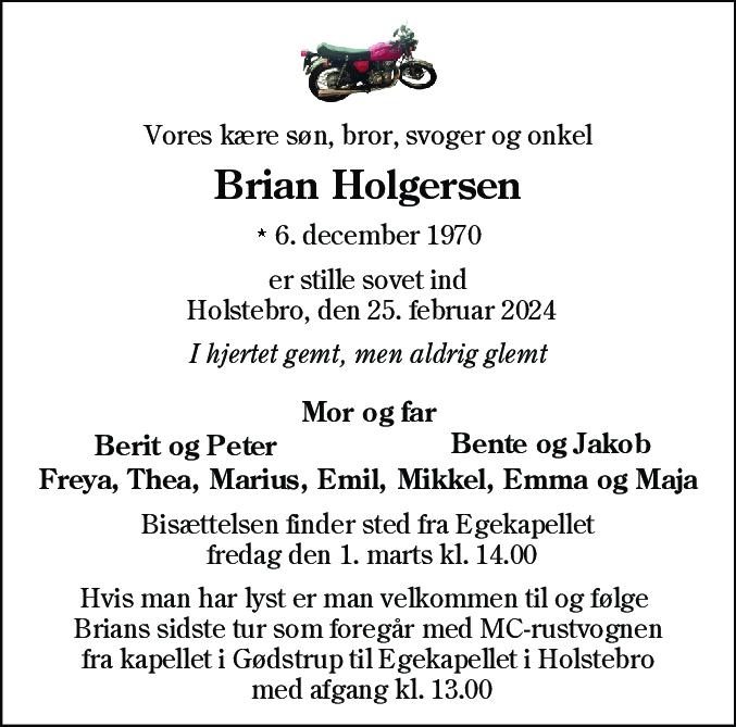 Dødsannonce for Brian Holgersen