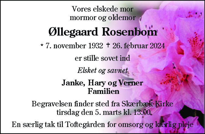 Dødsannonce for Øllegaard Rosenbom