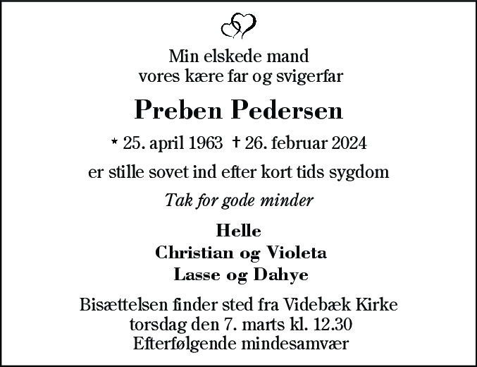 Dødsannonce for Preben Pedersen
