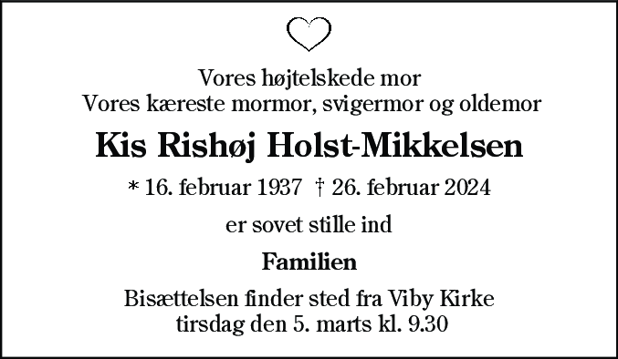 Dødsannonce for Kirsten Rishøj Holst-Mikkelsen