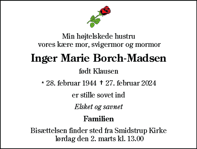 Dødsannonce for Inger Marie Borch-Madsen