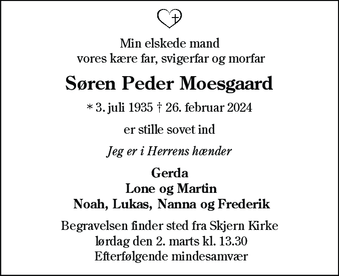 Dødsannonce for Søren Peder Moesgaard