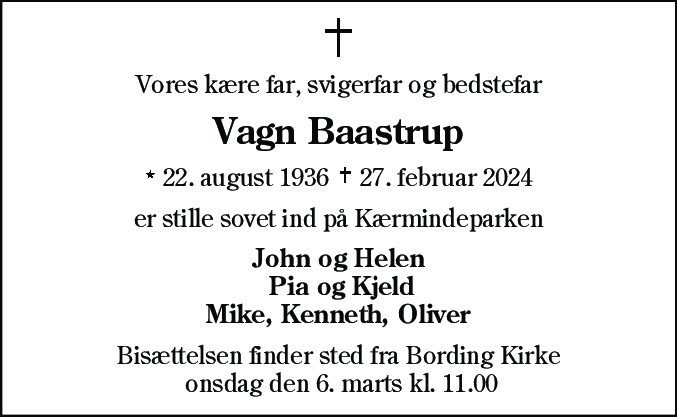 Dødsannonce for Vagn Baastrup