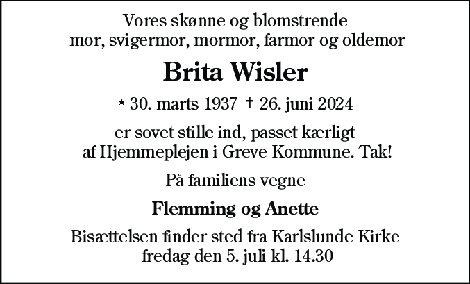 Dødsannonce for Brita Wisler