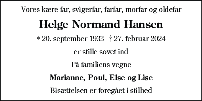 Dødsannonce for Helge Normand Hansen