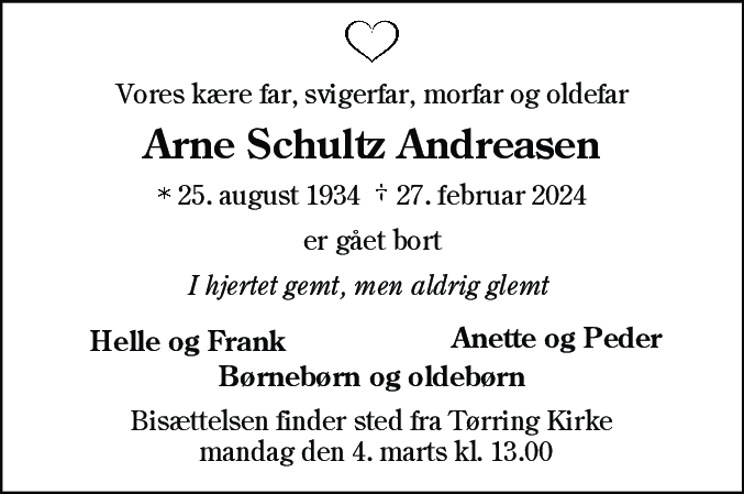 Dødsannonce for Arne Schultz Andreasen