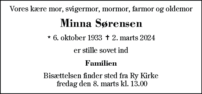 Dødsannonce for Minna Margit Christensen Sørensen