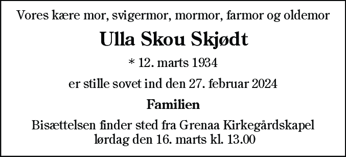 Dødsannonce for Ulla Skou Skjødt