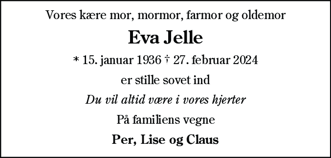 Dødsannonce for Eva Jelle