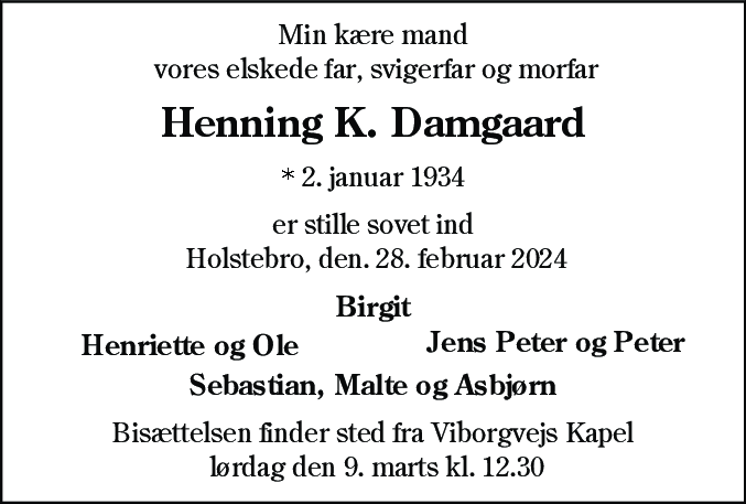 Dødsannonce for Henning Kristensen Damgaard