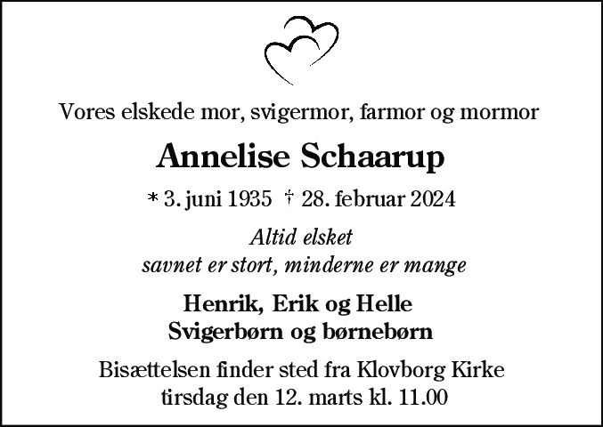 Dødsannonce for Annelise Olga Schaarup