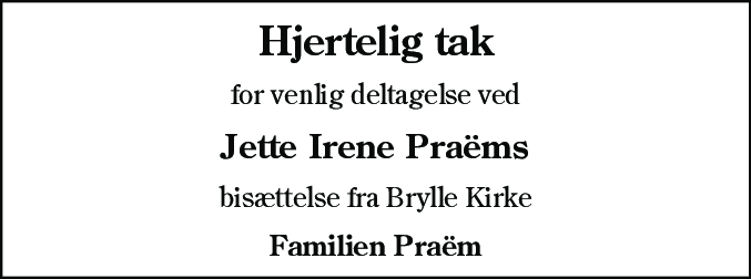 Dødsannonce for Jette Irene Praem