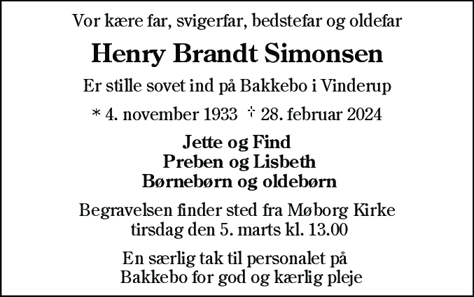 Dødsannonce for Henry Brandt Simonsen