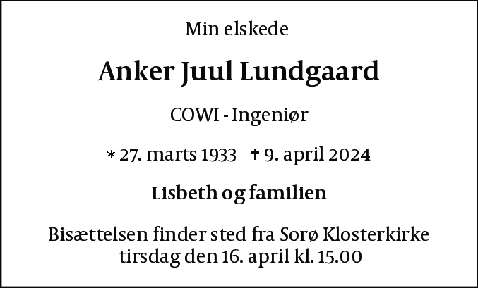 Dødsannonce for Anker Juul Lundgaard