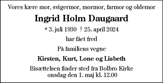 Dødsannonce for Ingrid Holm Daugaard