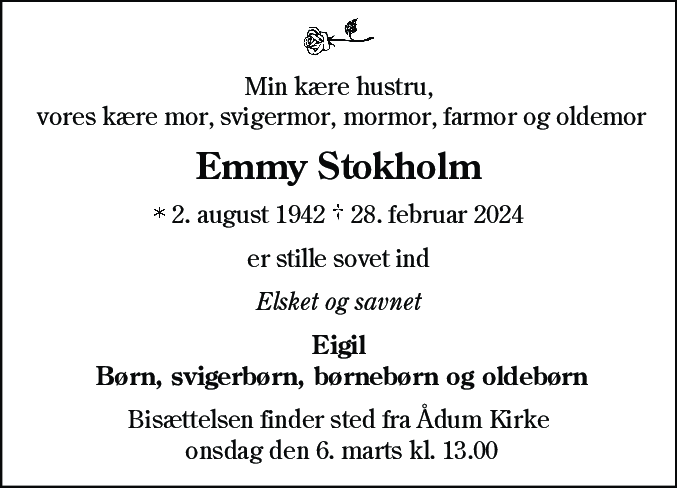 Dødsannonce for Emmy Stokholm