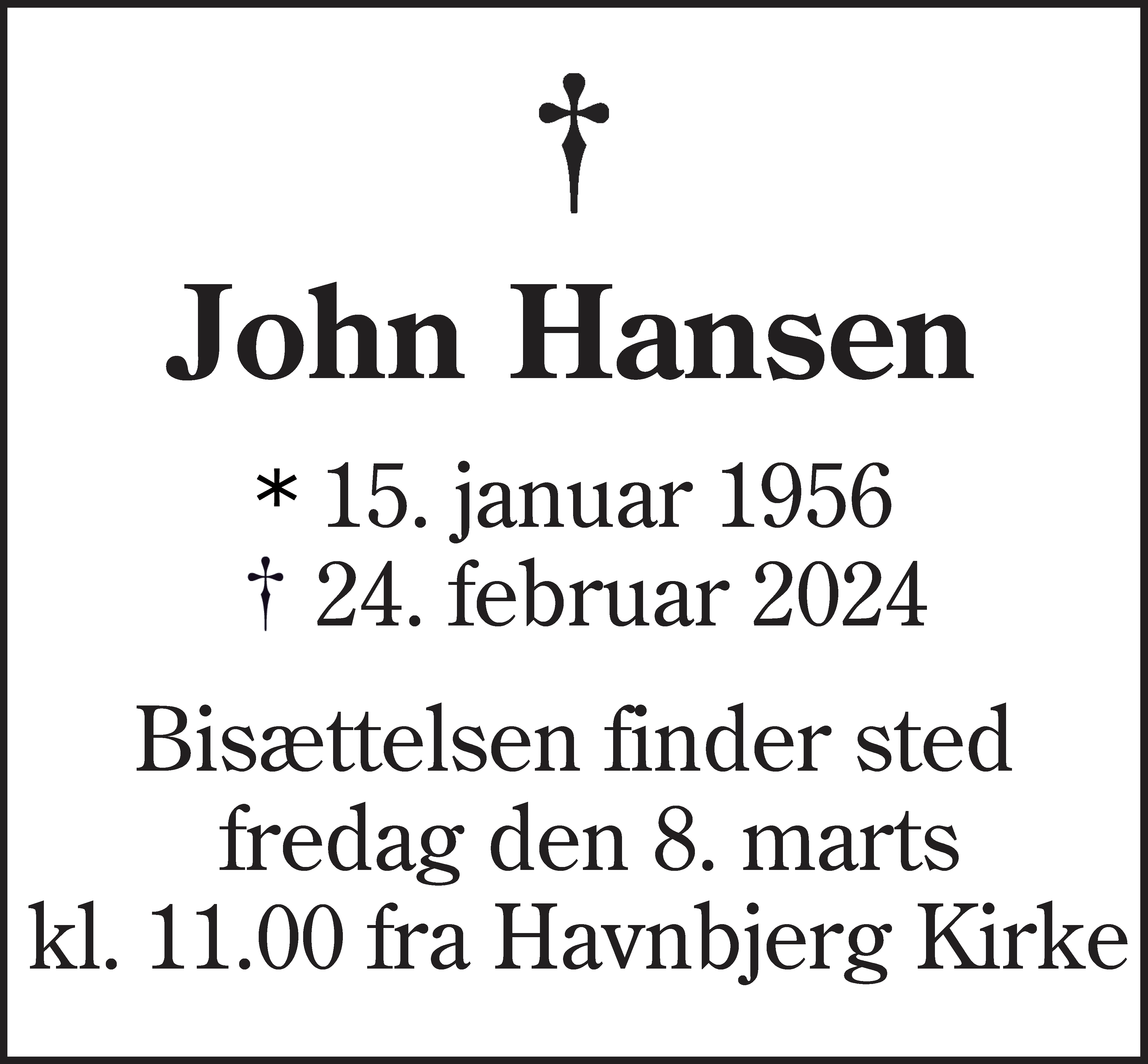 Dødsannonce for John Hansen