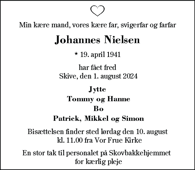 Dødsannonce for Johannes Nielsen