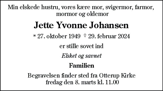 Dødsannonce for Jette Yvonne Johansen