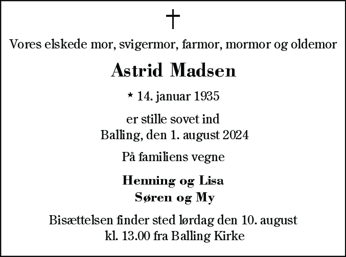 Dødsannonce for Astrid Madsen