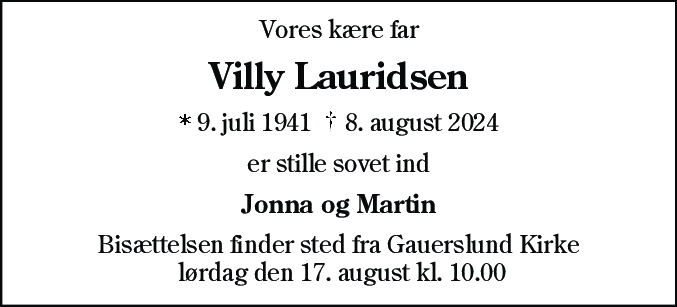 Dødsannonce for Villy Lauridsen