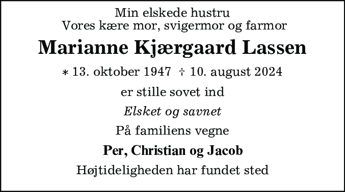 Dødsannonce for Marianne Kjærgaard Lassen