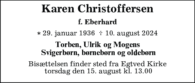 Dødsannonce for Karen Christoffersen