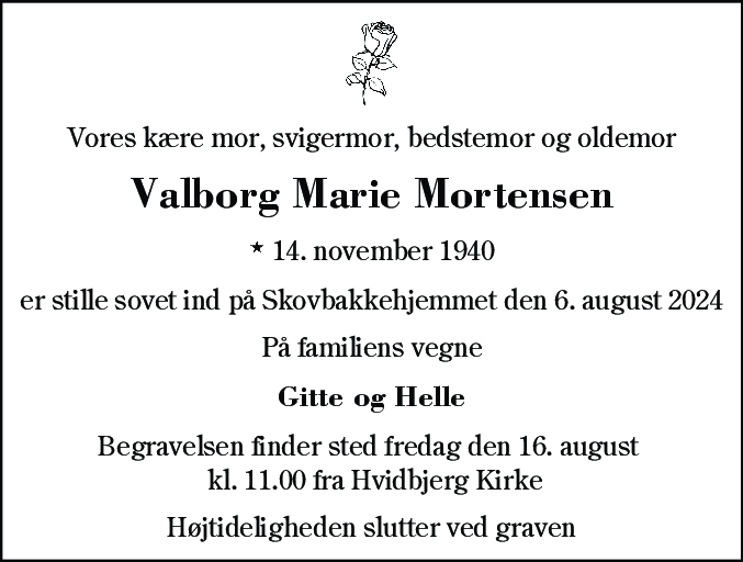 Dødsannonce for Valborg Marie Mortensen