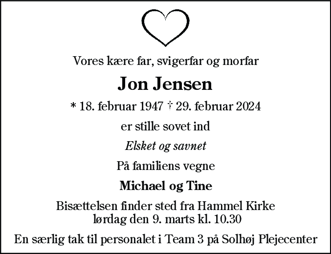 Dødsannonce for Jon Jensen