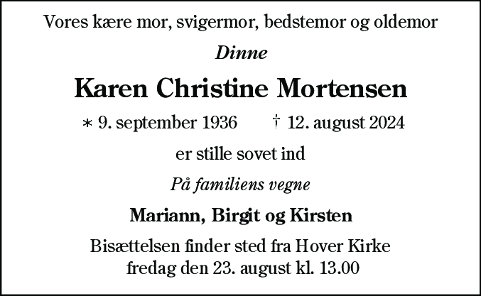 Dødsannonce for Karen Christine Mortensen