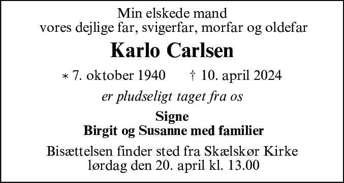 Dødsannonce for Karlo Carlsen