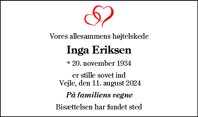 Dødsannonce for Inga Eriksen