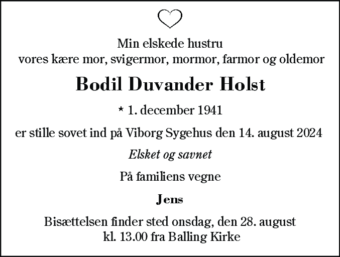 Dødsannonce for Bodil Duvander Holst