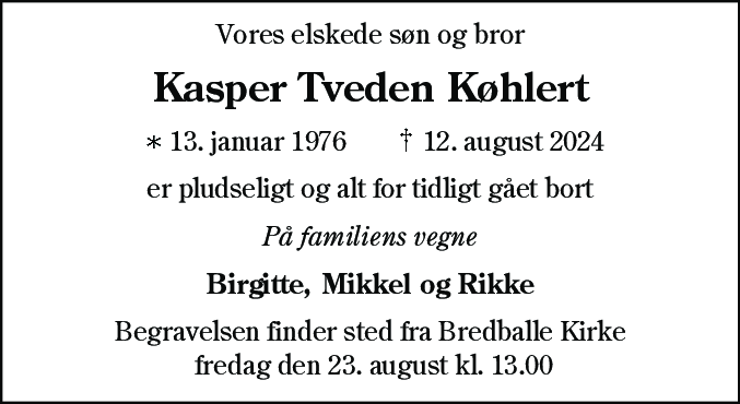 Dødsannonce for Kasper Tveden Køhlert