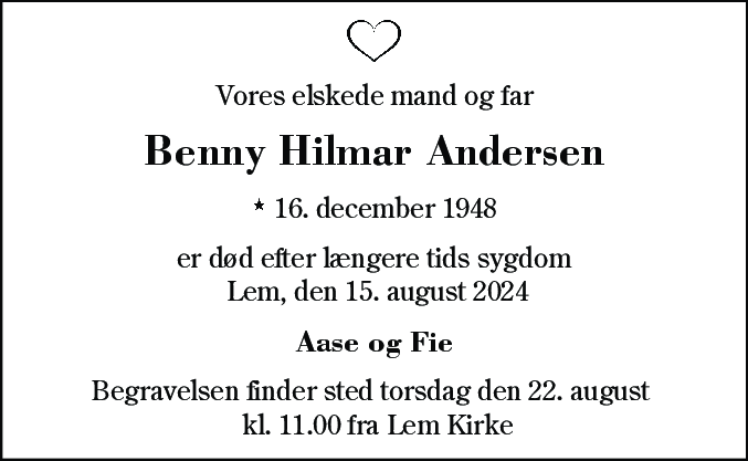 Dødsannonce for Benny Hilmar Andersen