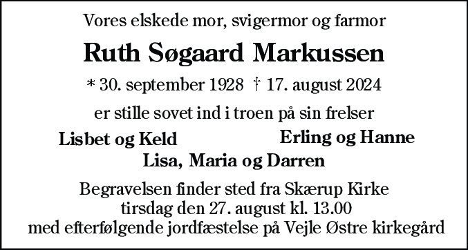 Dødsannonce for Ruth Søgaard Markussen
