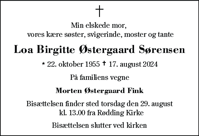 Dødsannonce for Loa Birgitte Østergaard Sørensen