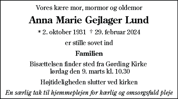 Dødsannonce for Anna Marie Gejlager Lund