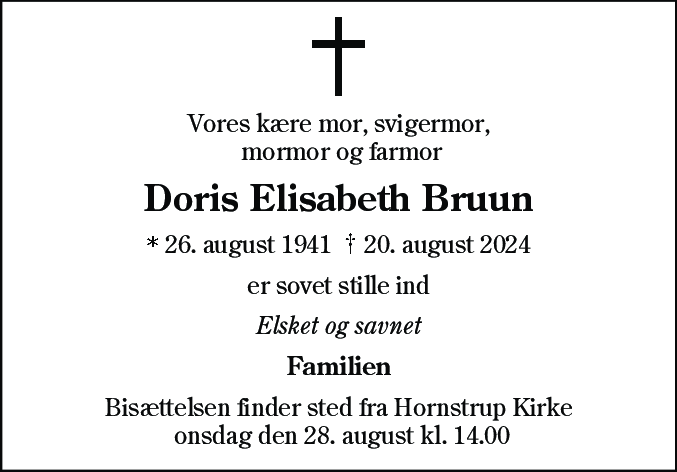 Dødsannonce for Doris Elisabeth Bruun