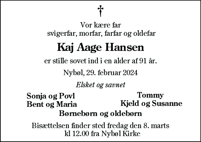Dødsannonce for Kaj Aage Hansen