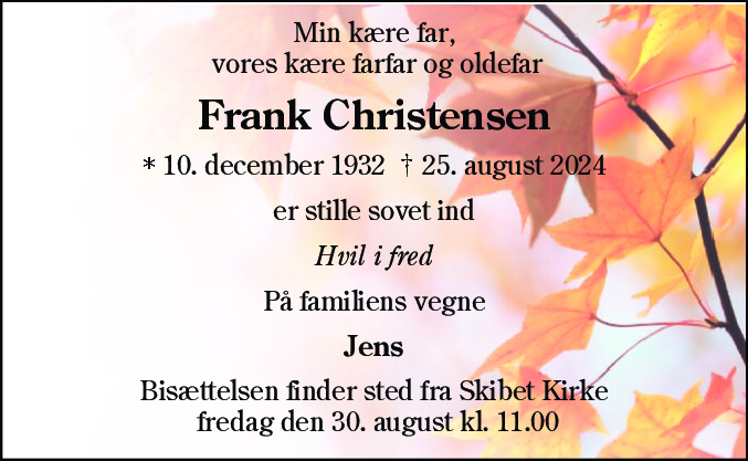 Dødsannonce for Frank Christensen
