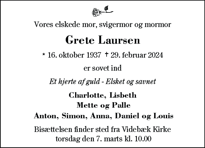 Dødsannonce for Grete Laursen