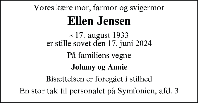 Dødsannonce for Ellen Jensen