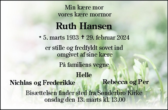 Dødsannonce for Ruth Hansen